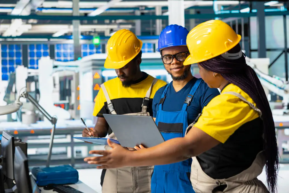 Ingénieurs ALOTECHNICS en revue technique dans une usine